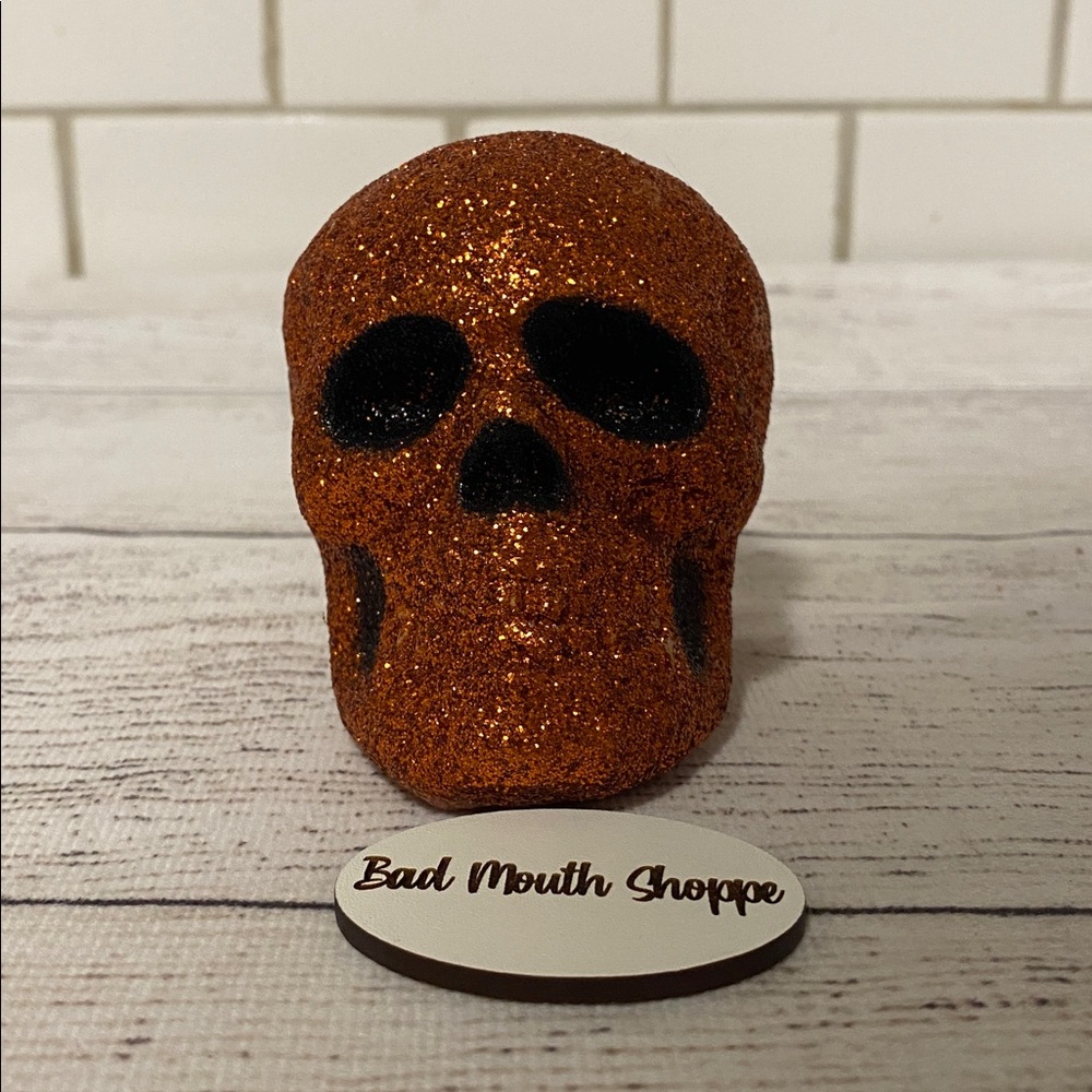 Vintage 00s Orange Black Halloween Glitter Skull Ornament